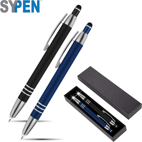 SyPen Luxury Gift Set, 2 Rubberized Metal Ballpoint Pens + Night Writer LED Flashlight + Stylus for Touchscreens,
