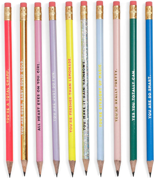 ban.do Colorful Pencil Set of 10, Pre-Sharpened #2 Graphite Pencils for Adults, Compliment/Sayings for Girls