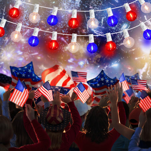 27.8Ft G40 28 Bulbs, 4th 0.6W Red White and Blue Lights String with Shatterproof LED Globe for Memorial Day of July