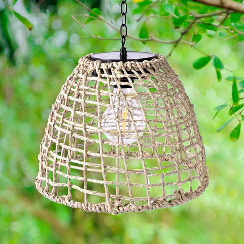 Bulb Outdoor Solar Hanging Lantern, Natural Seaweed Rattan Bamboo Hand-Woven Pendent Chandelier Light Edison Design