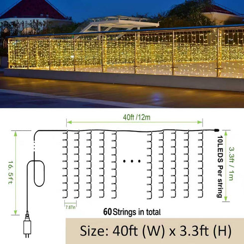 40ft 3ft 600 Solhice LED Curtain Lights Outside x for Backyard, LED Plug in Hanging Fence String Lights Outdoor
