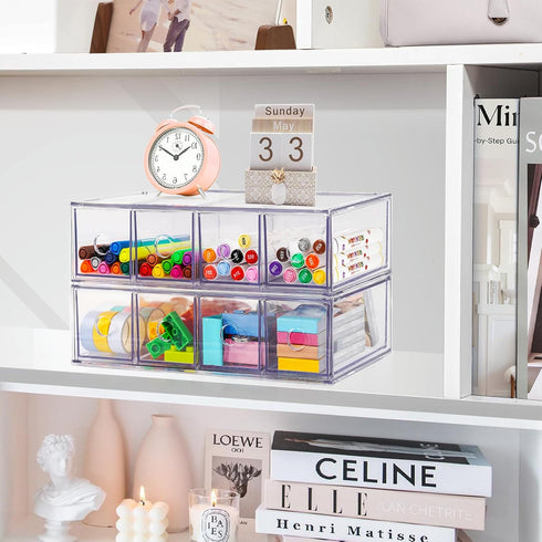 Desk Organizer with 8 Drawers, FODIENS 2 Packs Stackable Desktop Storage Box for Stationery Marker Pens