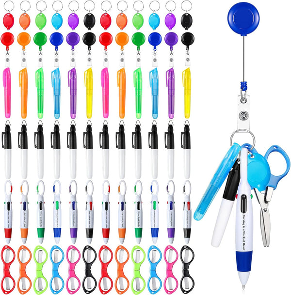 Glenmal 72 Pcs Badge Reel Pen Mini Highlighter Nurse Pens Set with Mini Scissors, LED Keychain Clip