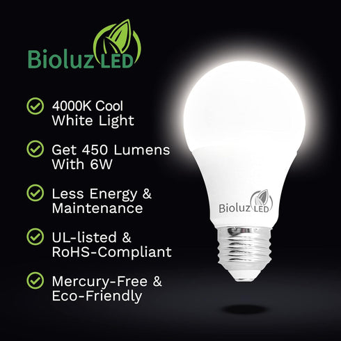 Bioluz LED Light Bulbs 40 Watt, 4000K Cool White, 6 Watts = 40W Non-Dimmable A19, 6 Pack