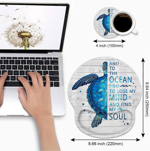 Ergonomic Mouse Pad Wrist Support and Coffee Coaster, Funny Words with Blue Sea Turtle on Rustic Wooden Board Design