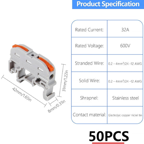 50PCS DIN Rail Terminal Blocks Kit, Universal Compact Lever Wire Connector for Electrical Wires, Detachable Ground