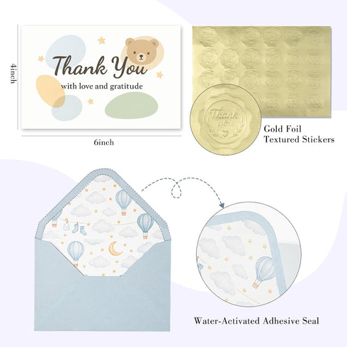 C2U 24 Pack Baby Shower Thank You Cards for Boy - with Envelopes & Gold Stickers,Baby Shower Greeting Cards Bulk