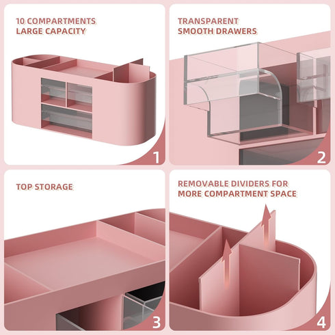 Marbrasse Desk Organizer Pen Holder with 3 Drawers, Multi-Functional Pencil Holder for Home, School, Classroom (Pink)