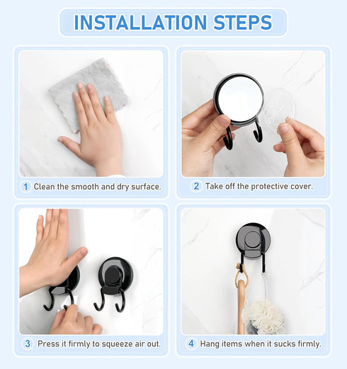 VIS'V Heavy Duty Suction Cup Hooks, Black Bathroom Shower Hooks, Removable Reusable Holders for Tile Wall, 2 Pcs