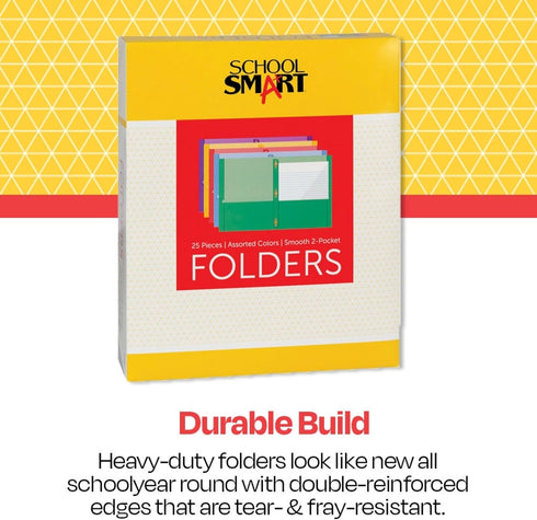 School Smart Smooth 2-Pocket Folder with Fasteners, Assorted Colors, Pack of 25