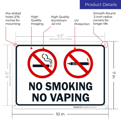 No Smoking No Vaping Sign - 10x7 Inches, Rust Free Aluminum, Fade Resistant, Made in USA