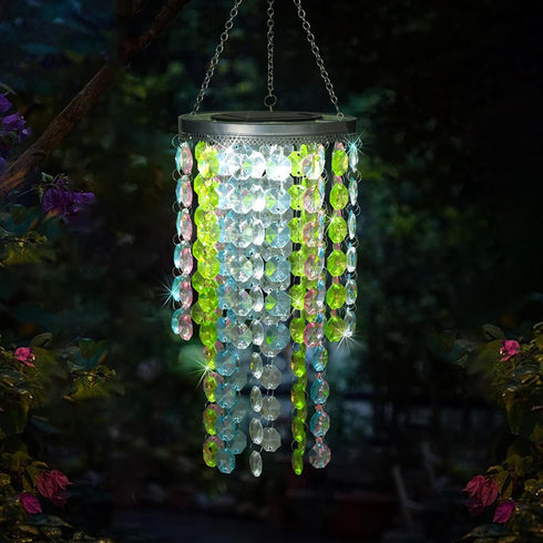 LEWIS&WAYNE 21 Hanging Solar Crystal Chandelier Outdoor, Modern Solar Multicolor Acrylic Beaded Lantern with Cool White
