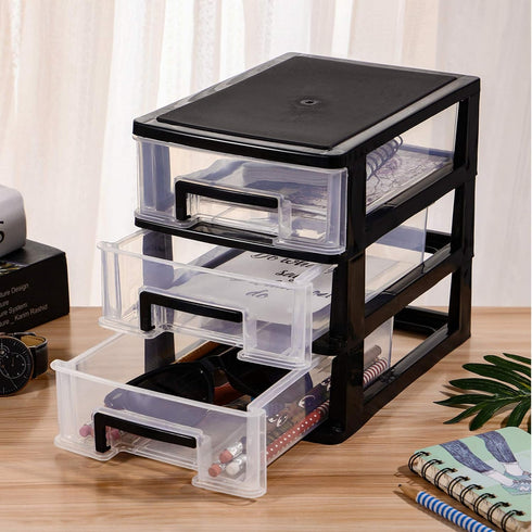 SEWACC 3-Layer Plastic Drawer Organizer, Small Desktop Organizer with Transparent Drawers for Office Supplies