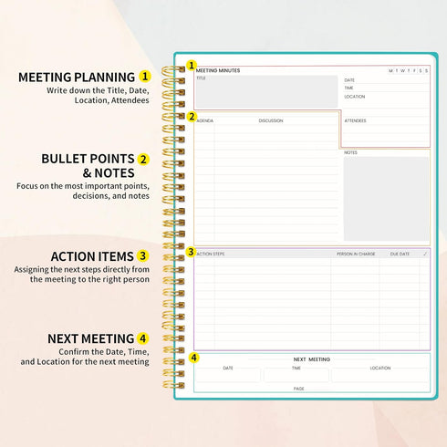 SUNEE Meeting Notebook for Work with Action Items - 160 Pages, B5 Size Project Planner, Spiral Meeting Agenda/Minutes Notebook Organizer for Women Men, Note Taking, Office & Business, 7.5"x10", Teal by SUNEE