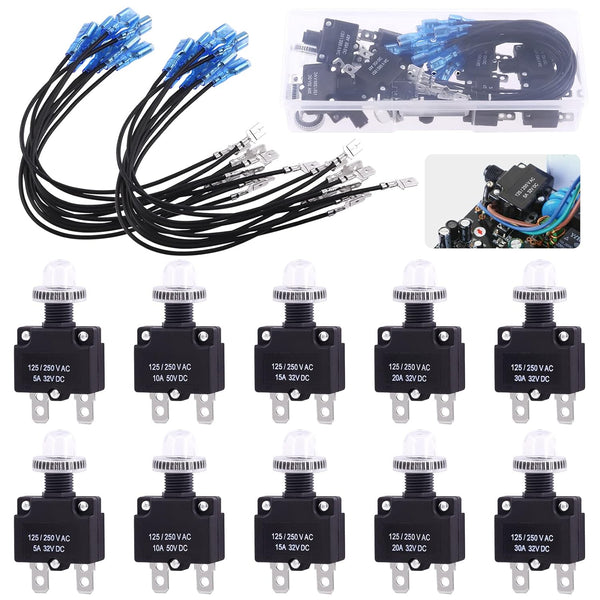 Keadic 40 Pcs Push Button Circuit Breaker Assorted Set, 5/10/15/20/30A, AC125-250V, 32VDC