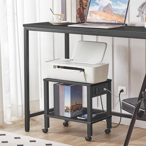 HOOBRO 2-Tier Printer Stand with Charging Station, Under Desk Printer Table, Printer Cart with Storage Shelves, Black