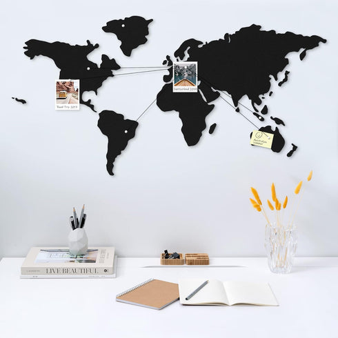 Navaris Cork Board World Map - Self-Adhesive Corkboard Continents for Wall to Pin, Plan, Document Travels - with 18 Cork Pieces and 10 Pins - Black by Navaris