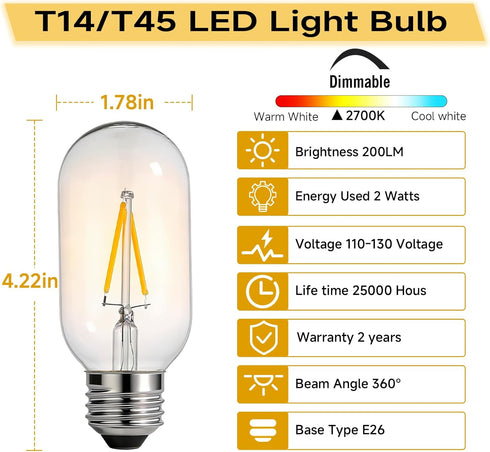 T14/T45 E26 Dimmable Bulb, 2W/25W 2700K 4-Pack LED Filament Equivalent Warm White, Vintage Edison Style, Ideal