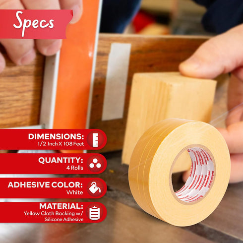 XFasten Double Sided Woodworking Tape 1/2" x 36 Yards (4-Pack) - Removable & Residue Free Woodworker Tape