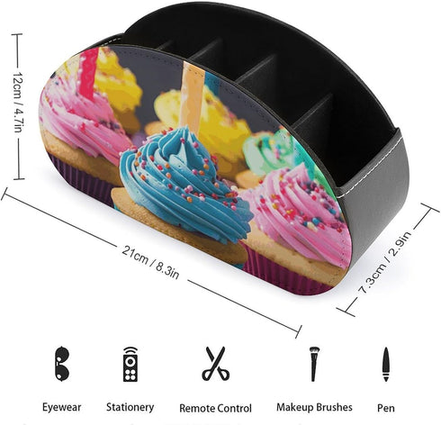 JTREHY 5 Colorful Happy Birthday Cupcakes Remote Control Holder with Compartments Pu Leather Remote Caddy Box