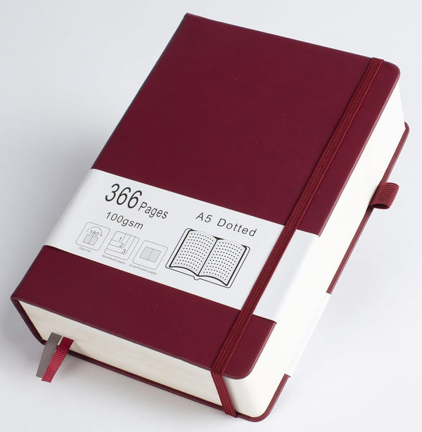 Thick Bullet Dotted Journal with 366 Numbered Pages, A5 Journal for Writing with 100GSM Dot Grid Paper, Leather