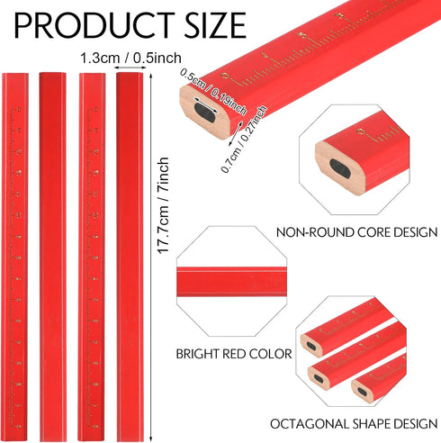 Lincia 300 Pcs Carpenter Pencils - 7 Inch Octagonal Flat Marking Pencils for Woodworking, Red