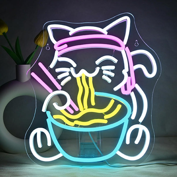 Fortune Cat Ramen Neon Signs for Wall Decor Japanese Cat LED Neon