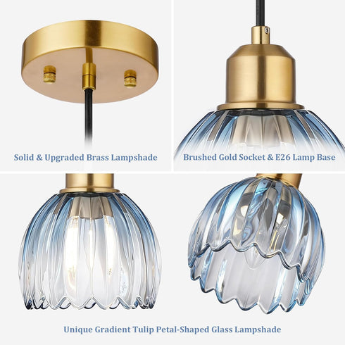 TALOYA Pendant Light with Blue Tulip Glass Lampshade, Brass Vintage Pendant Light Adjustable Hanging Light for Kitchen