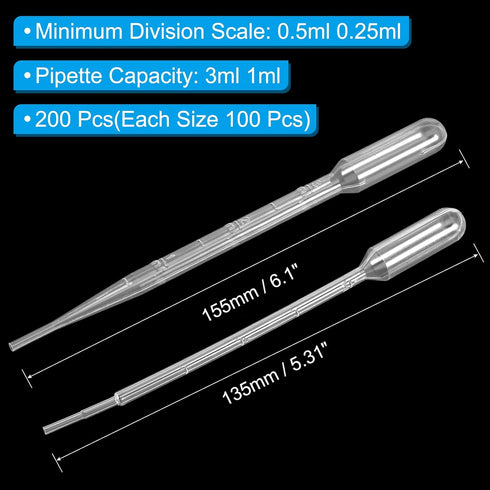PATIKIL Disposable Transfer Pipettes, 200pcs 1ml 3ml LDPE Polyethylene Plastic Pipette for Transfer Liquid for Lab, Chemistry, Clear