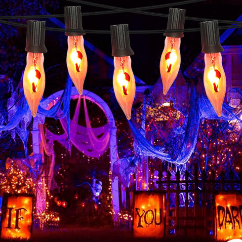 10Ft 10 Bulb Halloween Flickering Flame String Lights, Outdoor Christmas Lights Flicker Flame Light, Plug in Hanging
