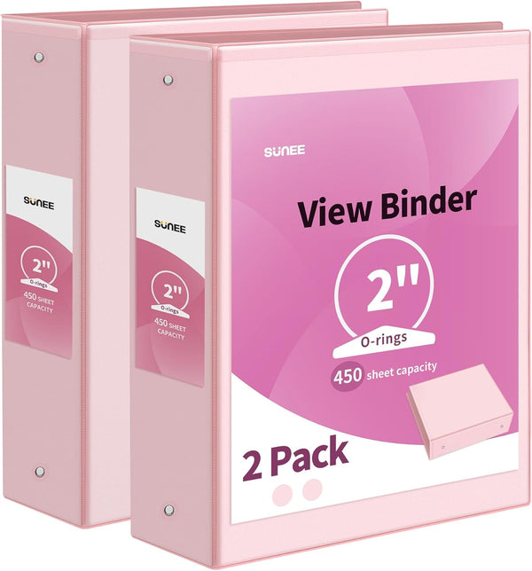 SUNEE 3 Ring Binder, 2 Inch, 2 Pack, Clear View, PVC-Free, Pink Binder for School or Office Supplies