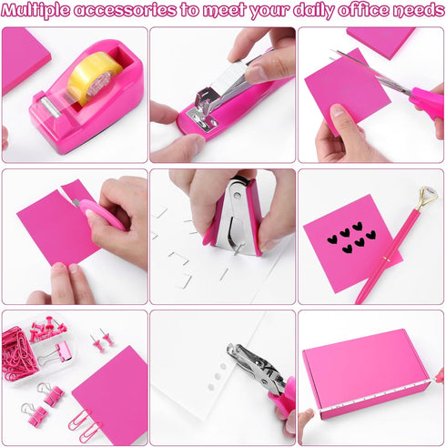Hot Pink Desk Accessory Kit, Cute Office Supplies Set with Stapler, Remover, Hole Punch, Tape Dispenser, Scissors