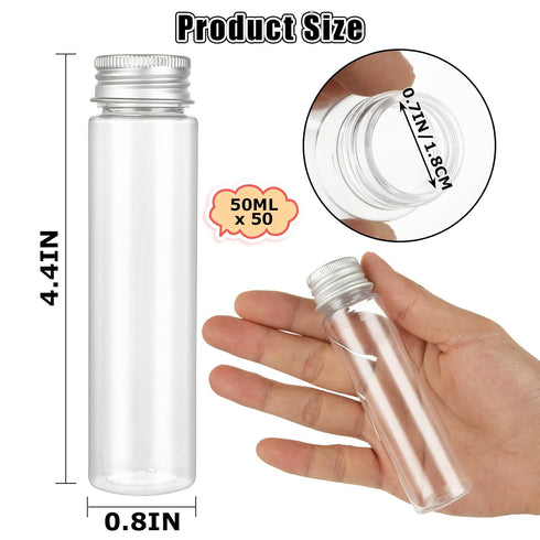50 PCS 50 ML Clear Plastic Test Tubes with Screw Caps Flat-Bottomed Bath Salt Containers for Candy Gumball Plant Propagation Jewelry