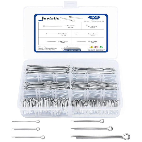 Cotter Pin Assortment, 400PCS Zinc Plated Steel Hairpin Cotter Pins, Split Pin Fastener Clips for Castle Nuts