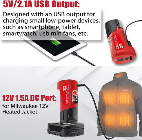Milwaukee 12V M12 Battery Power Source Adapter, Power Wheel Charger Adapter with 12V DC Port for Heated Jacket