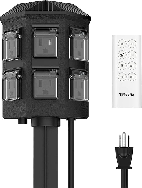 Tiffcofio Outdoor Power Stake Timer, 100FT Remote Control, Dusk to Dawn Christmas Light