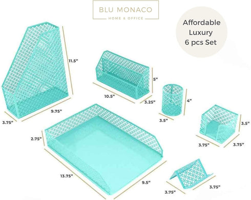 BLU MONACO Aqua - Teal 6 Piece Cute Desk Organizer Set, Accessories for Women, Desktop Organization