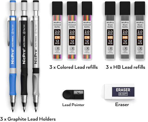 Nicpro 11 Pieces Colors 2mm Mechanical Pencil Set, 3 PCS Carpenter Drafting Pencil for Art Drawing, 2B Refill