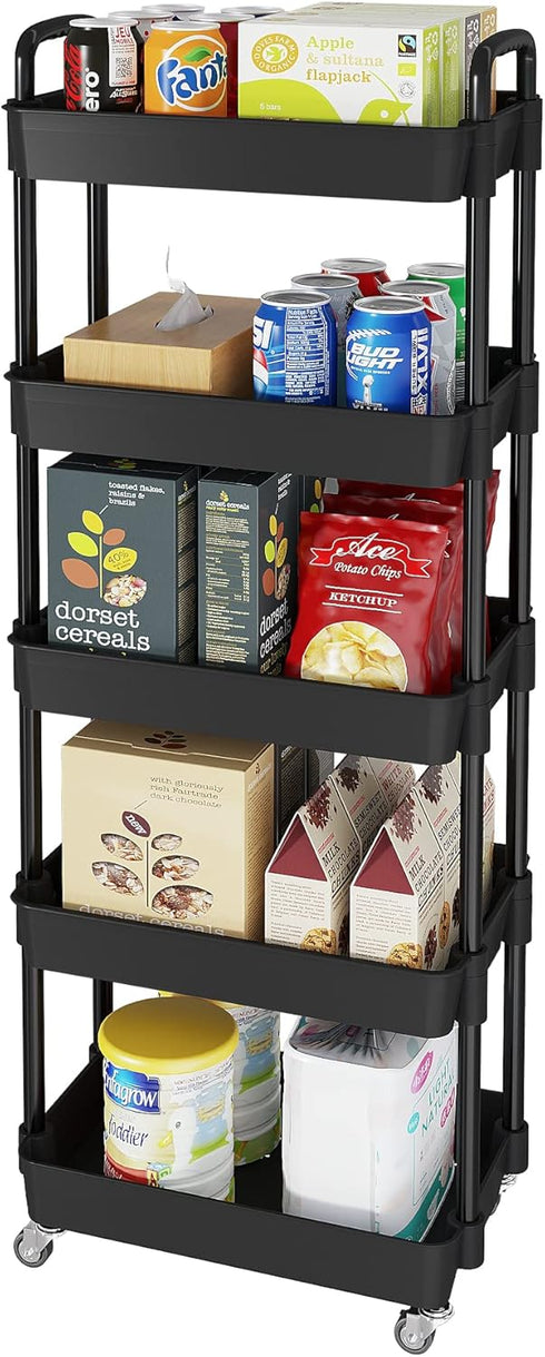 Laiensia Multifunction Utility Rolling Cart, 5-Tier Plastic & Metal Storage Organizer, Black,