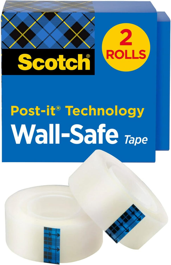Scotch Wall-Safe Tape, 2 Rolls, Invisible, Sticks Securely & Removes Cleanly, 3/4 in x 800 in (813S2)