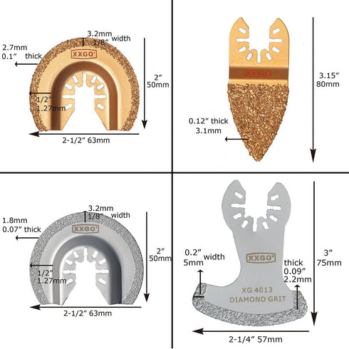 XXGO 4 Pcs Diamond Carbide Oscillating Multi Tool Semi Circle Finger Segment Swing Grit Blades
