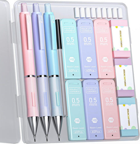 Four Candies Pastel Mechanical Pencil Set, 3PCS 0.5mm Pencils with 360PCS HB Lead Refills, 3PCS Erasers for Drawing