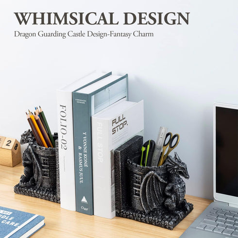MyGift Black Resin Dragon Decorative Bookends, Heavy Books with Pencil Holder for Desk, Office Supplies Fantasy Dragons