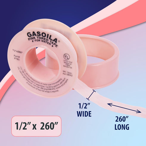 Gasoila Pink PTFE Thread Seal Tape, 1/2 Inch x 260 Inch Roll, Professional-Grade for Water Lines