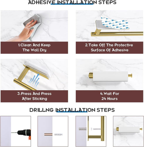 ASTOFLI Brushed Gold Paper Towel Holder, Wall Mount 2 Pack, Self Adhesive Under Cabinet No Drilling Kitchen Decor