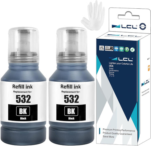 LCL T532 532 Black Ink Refill Bottles Replacement for EcoTank ET-M1100 ET-M1120 (2-Pack)