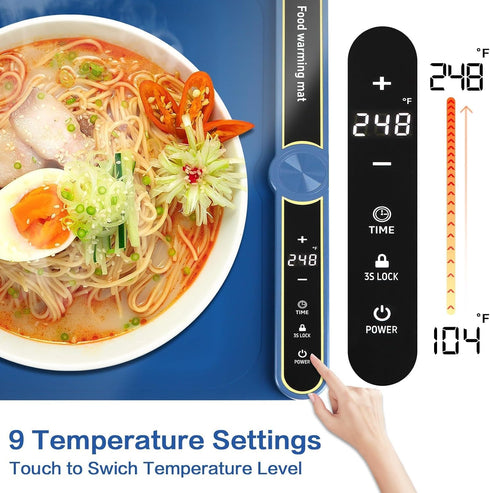 LPZNUYVC 9 Settings, Food Warming Mat, Silicone Heating Tray with Temperature Foldable Quick Heating Pad, Kids Lock