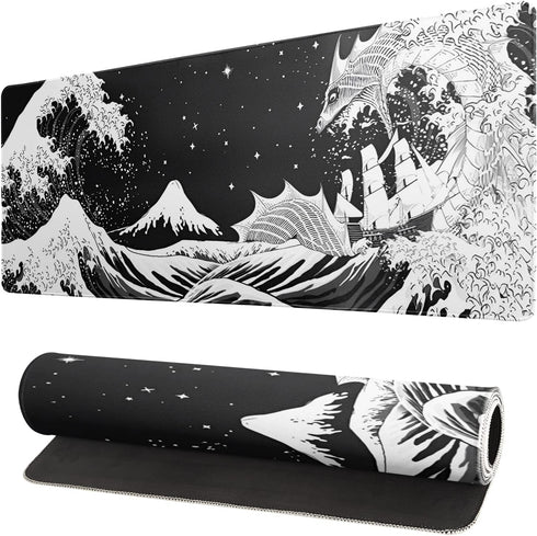 Black and White Japanese Wave Dragon Gaming Mouse Pad - Abstract Non-Slip Rubber Base, 31.5x11.8 Inch, Stitched Edges