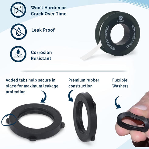 Morvat 30 Rubber Washers & 2 Rolls PTFE Teflon Plumbing Tape for Garden Hose, Leak Free Seal