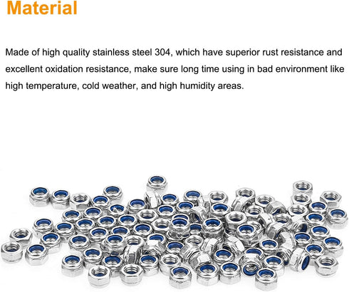 100 Pieces M5 x 0.8mm 304 Stainless Steel Self-Lock Nylon Inserted Hex Lock Nuts